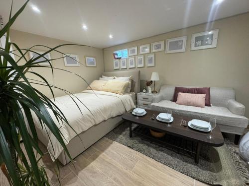 une chambre avec un lit, un canapé et une table dans l'établissement Appartement F1 duplex rez de chaussée, à Illkirch-Graffenstaden