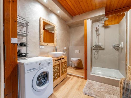 Un baño con lavadora y lavabo. en Alpenlodge Steiger XL, en Neukirchen am Großvenediger