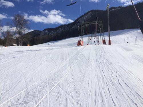 a snow covered ski slope with a ski lift at Chalet near Lake Grundlsee & Ski Lift in Grundlsee