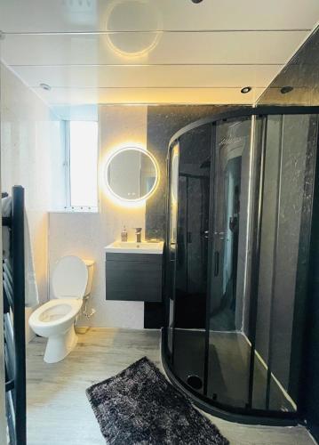 a bathroom with a shower and a toilet and a sink at Spacious 3 Bedroom Entire Apartment Self Check in in Fife