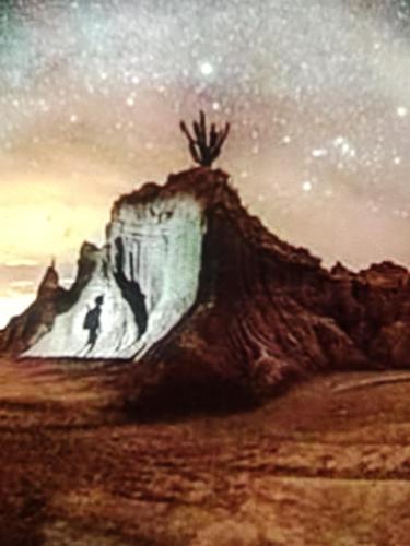 a painting of a mountain with a tree on top at EL SHADDAI Punta Del Este Desierto de la Tatacoa in Villavieja