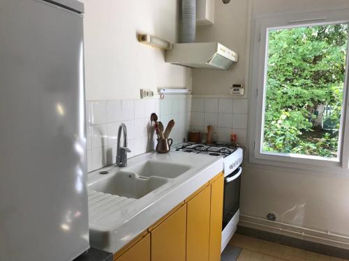 une cuisine avec un évier, une cuisinière et une fenêtre dans l'établissement Villa 2* à Vaux-sur-Mer - Jardin et Animaux admis - FR-1-738-43, à Vaux-sur-Mer