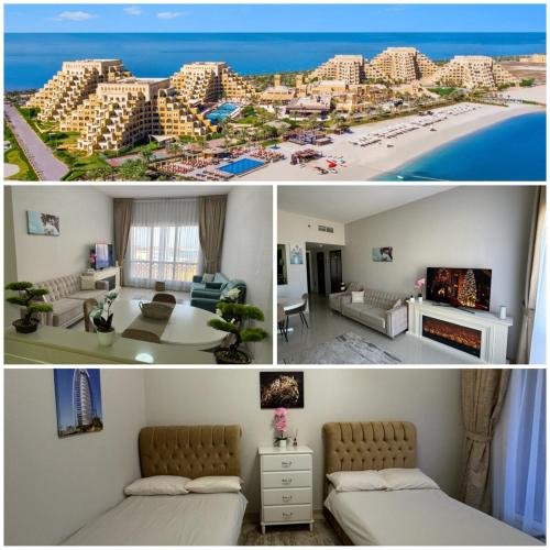 a hotel room with a view of a resort at One Bedroom apartment on the beach! For you and your family in Ras al Khaimah