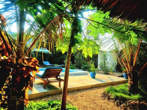 a patio with a chair and a pool with palm trees at Diana Place in Paje