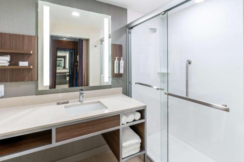 a bathroom with a sink and a shower at Hilton Garden Inn Trinidad Downtown in Trinidad
