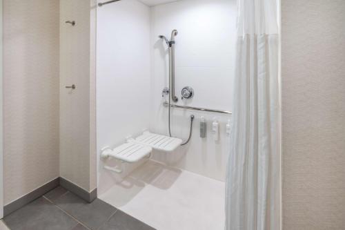 a white bathroom with a toilet and a shower at Hilton Garden Inn Trinidad Downtown in Trinidad
