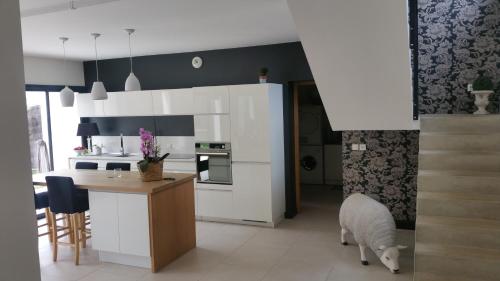 une cuisine avec un mouton debout au milieu dans l'établissement Maison 24H du Mans pour Chambres, au Mans