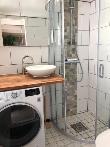 a washing machine in a bathroom with a sink at Cozy guesthouse with perfect location in Malmö