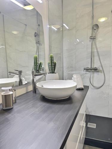 La salle de bains est pourvue d'une grande baignoire blanche sur un comptoir. dans l'établissement L'Ame du Peintre - Terrasse - Parking - Centre, à Albi