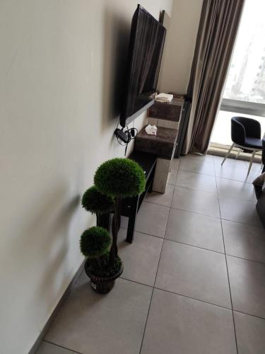 a living room with two potted plants on a tiled floor at Gentle Breeze Studio 1 in Amman