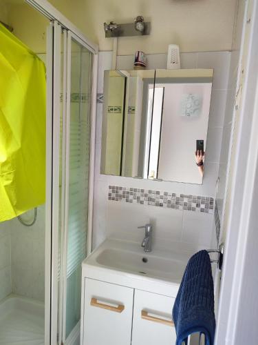 une salle de bain avec un lavabo, un miroir et une douche dans l'établissement Villa St Cécile Vias, à Vias