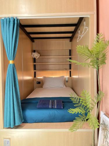 a bed in a small room with a blue canopy at Plearn Phuket Boutique Hostel in Ban Lo Long