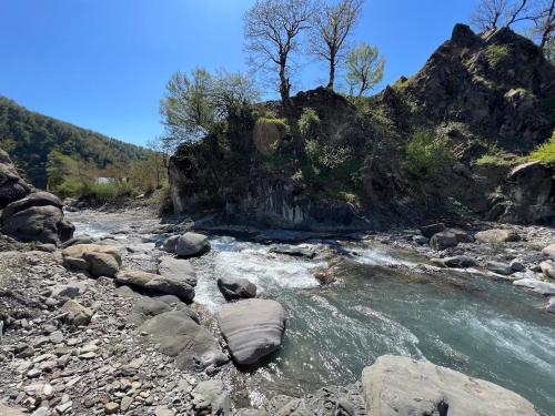 a river with rocks and a mountain in the background at Scandi House Premium in Çayqovuşan