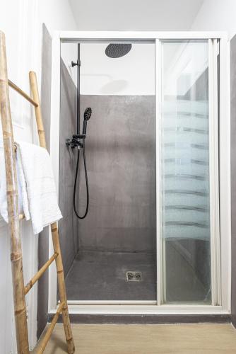 une douche avec une porte vitrée dans une salle de bain dans l'établissement Coquette studette, aperçu mer, à 400m des plages, à Villeneuve-Loubet