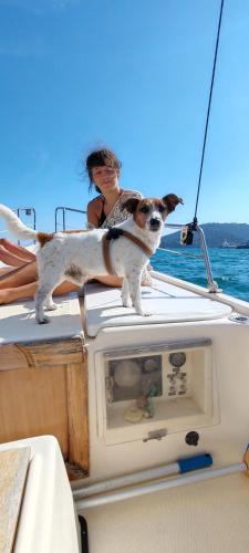 a woman and a dog standing on a boat at A Casa Di Gaia in Riccò del Golfo di Spezia