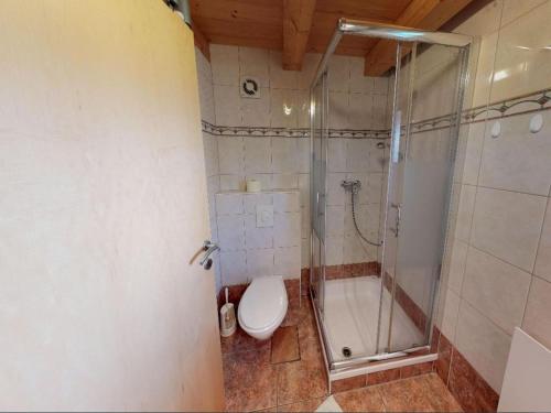 a bathroom with a shower and a toilet and a shower at Chalet Bodensdorf near Gerlitzen Ski Area in Tratten