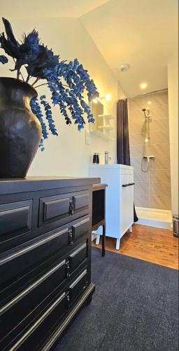 un vase au-dessus d'une commode dans une pièce dans l'établissement T2 avec jardin proche des plages, à Bénodet