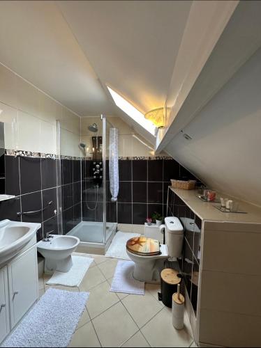 une salle de bain avec un lavabo, des toilettes et une douche dans l'établissement Dolce casa Maison familiale, à Dourdan