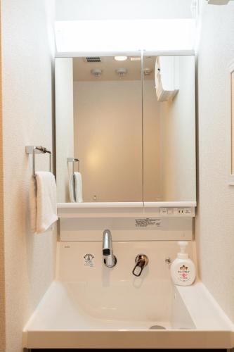 a bathroom with a sink with a large mirror at KINSHICHO Tokyo Holiday Hotel in Tokyo