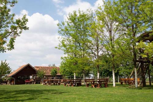 a group of wooden picnic tables in a park at Pansion Sašin Salaš 40m2 in Rumenka