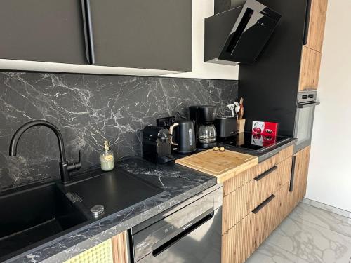 a kitchen with a sink and a counter top at Le Refuge du Léman, Duplex neuf de 80m 2, à 5 minutes de Geneve pour 4 à 6 personnes in Douvaine