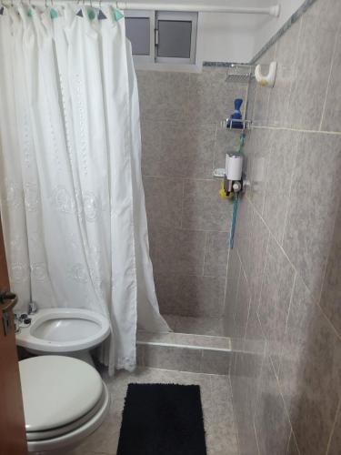 a bathroom with a toilet and a shower with a shower curtain at Ty Bach in Puerto Madryn
