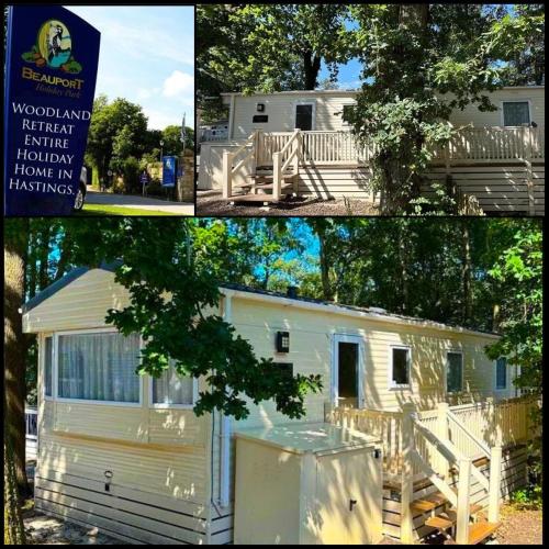 a collage of three pictures of a mobile home at Woodland Retreat Entire Holiday Home in Hastings in Hastings