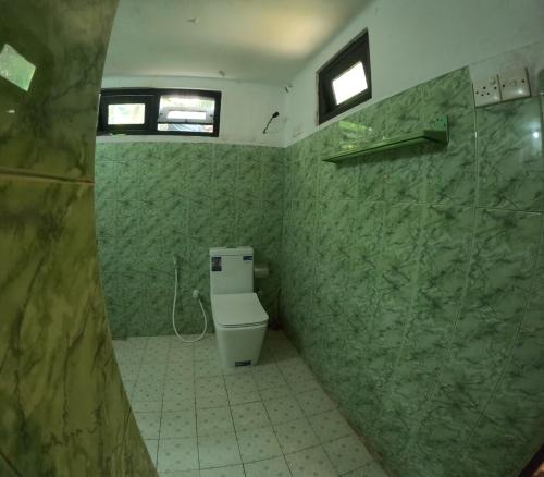 La salle de bains est pourvue de toilettes et d'un mur vert. dans l'établissement Cinnamon Villa Weligama, à Weligama