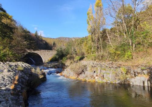 a river with a bridge in the background at Rives de Bourges in Burzet