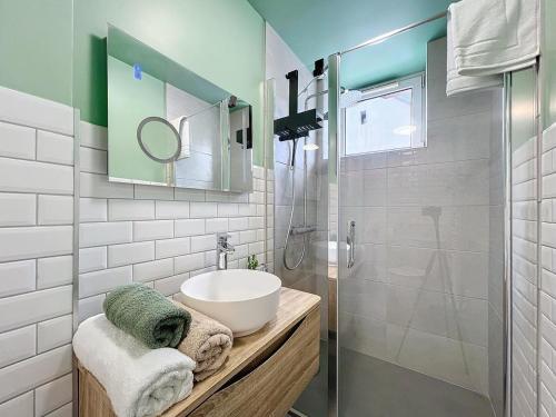 une salle de bain avec un lavabo et une douche dans l'établissement les Toits de Belfort ville, à Belfort