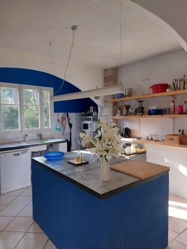 une cuisine avec un îlot bleu agrémenté d'un vase de fleurs dans l'établissement Le Moulin, au Muy