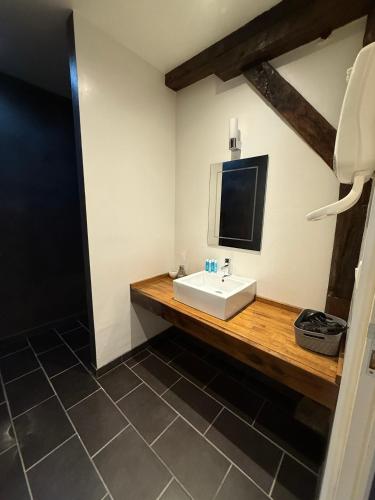 a bathroom with a sink and a flat screen tv at Gites Le Grand Tornage in Évaux-les-Bains