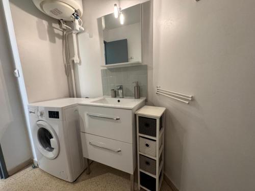 une salle de bain avec une machine à laver et un lavabo dans l'établissement Sol-y-Days Goelette, Agréable appartement en RDC avec parking, proche du centre-ville et de la plage, au Grau-du-Roi