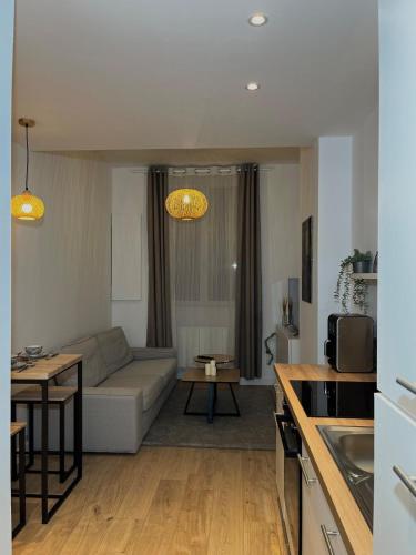 a living room with a couch and a table at appartement cosy in Tarare