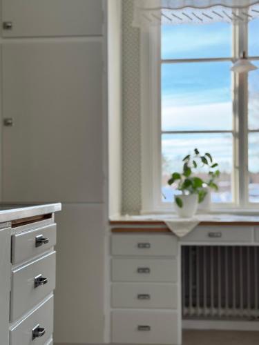 a kitchen with a window and a table with a plant at Gamla Ersgården i Ersmark Umeå in Umeå