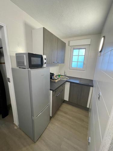 une petite cuisine avec un réfrigérateur et un micro-ondes dans l'établissement Maison T2 RDC, à Perpignan