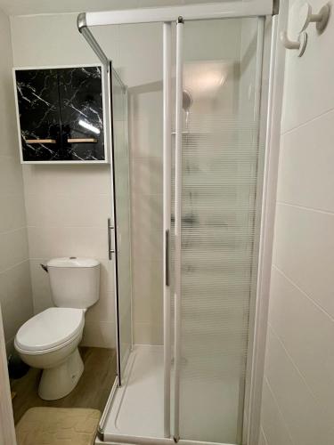 une salle de bain avec toilettes et douche en verre dans l'établissement Maison T2 RDC, à Perpignan