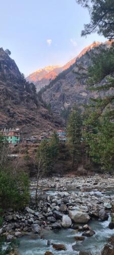 a river with rocks and trees on a mountain at Formosa cafe & hostel in Kasol