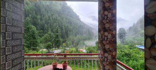 a room with a window with a view of a mountain at Formosa cafe & hostel in Kasol