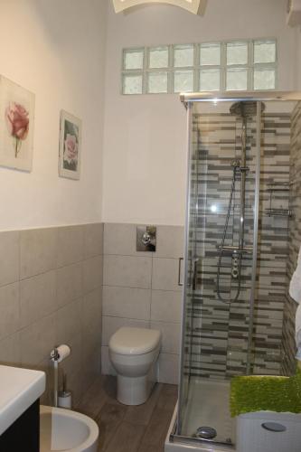 Un baño con inodoro y ducha de cristal. en Appartamento vista mare, en Tellaro