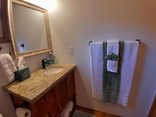 a bathroom with a sink and a mirror at Bella Vita Casitas - Bella Verde in Placencia Village