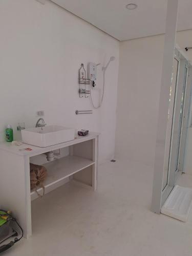 a white bathroom with a sink and a shower at Remy's Eco house in Hernani