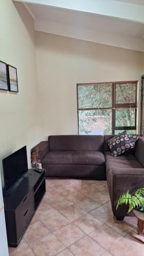 a living room with a couch and a flat screen tv at Dolphin in Brenton-on-Sea