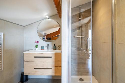 une salle de bain avec une douche, un lavabo et un miroir dans l'établissement Villa de prestige Vue mer panoramique Piscine Climatisation, à Nice