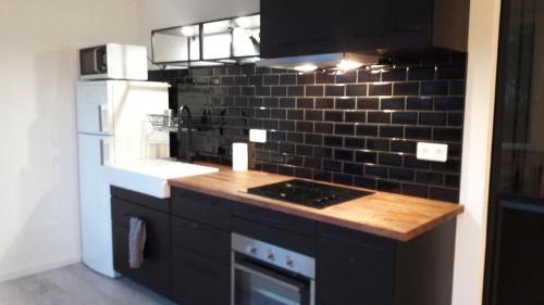 a kitchen with a counter and a black tile wall at Studio Trocadero 2p coté jardin in Rosny-sous-Bois