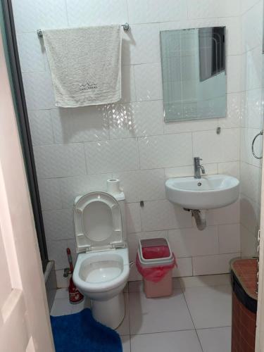 a small bathroom with a toilet and a sink at Best Bed & Breakfast - East Legon , Adjiringanor in East Legon