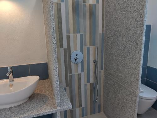 a bathroom with a shower with a sink and a toilet at La Medusa in La Ciaccia