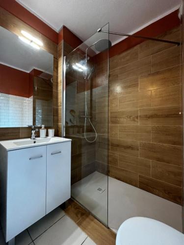 une salle de bain avec une douche, des toilettes et un lavabo dans l'établissement Studio les Marines, à San-Nicolao
