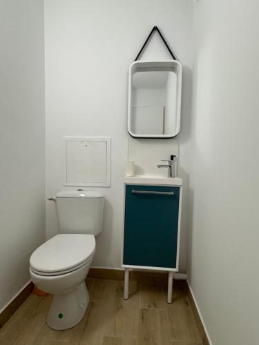 une salle de bain avec toilettes, lavabo et miroir dans l'établissement T3 Vue mer les pieds dans l'eau, piscine, clim, à Hyères