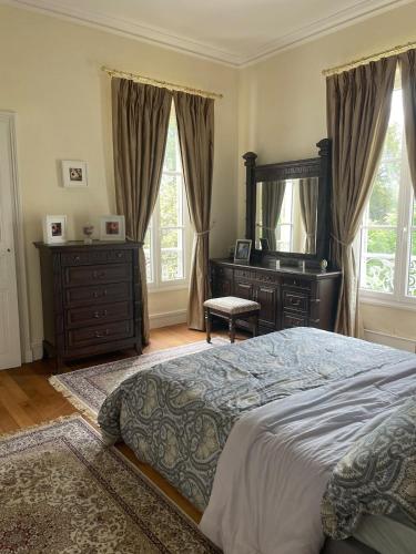 une chambre avec un lit, une commode et un miroir dans l'établissement Beautiful Master House Louhans center, à Louhans